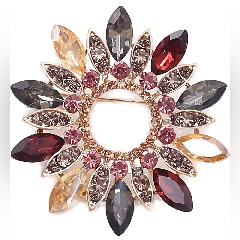 Sparkly, Multicolored Gemstone Wreath Circle Fashion Brooch Pin, Purple, Gold - Picture 11 of 17